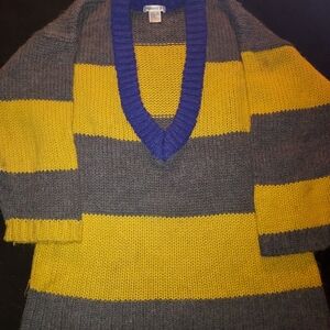 Vibrant Yellow and Gray Striped V-Neck Sweater